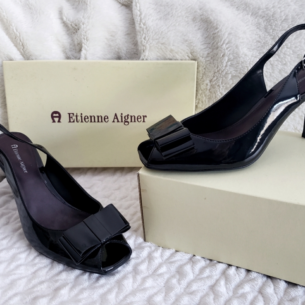 Etienne Aigner Kamal black patent slingback heels 9.5